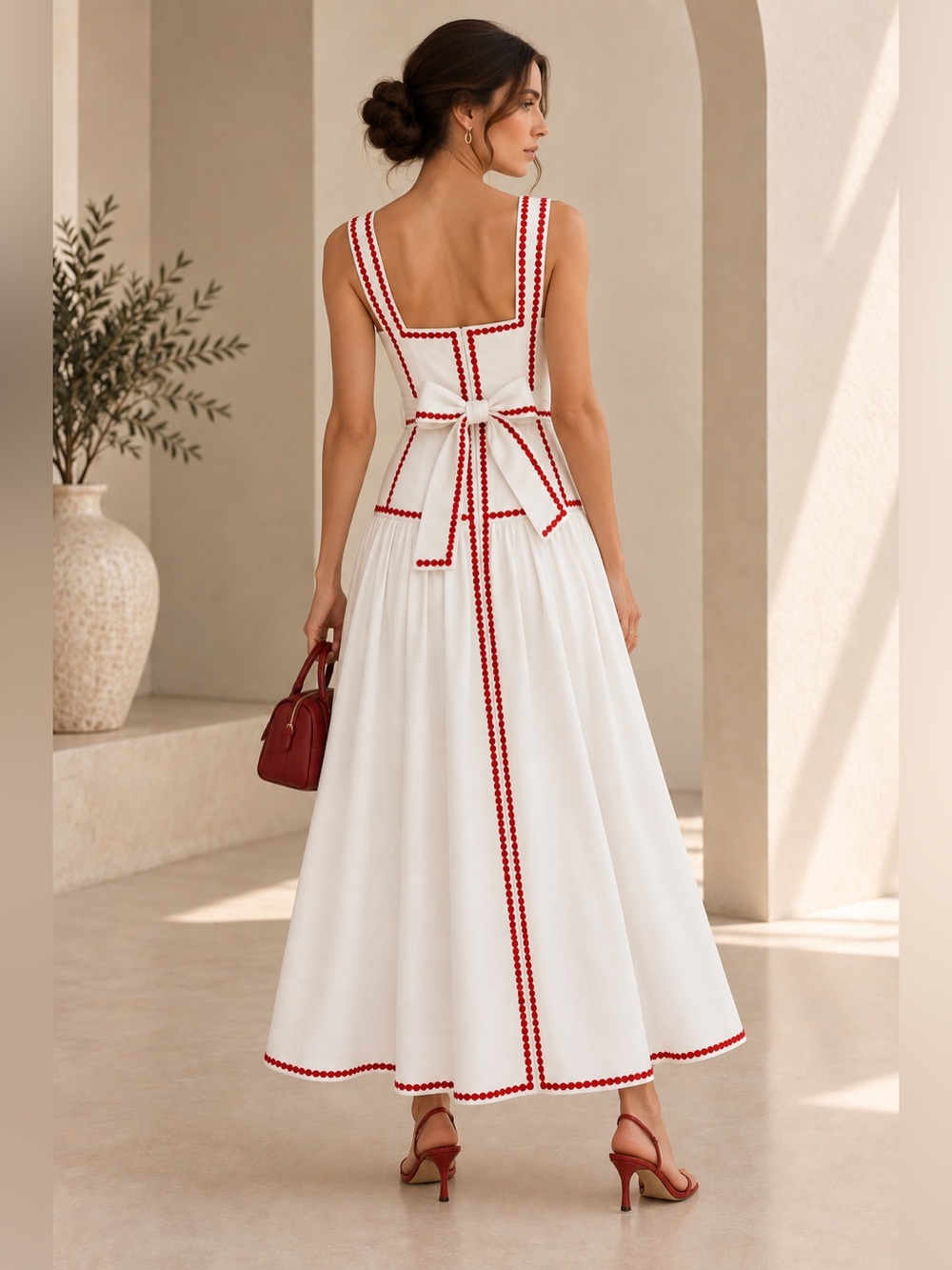 Commense White Cotton Contrast Trim Back Tie Maxi Dress M | Romantic - Picture 2 of 8
